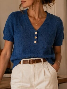 Vintage Made in USA women’s Blue Pointelle Knit Henley Sweater Top  Large